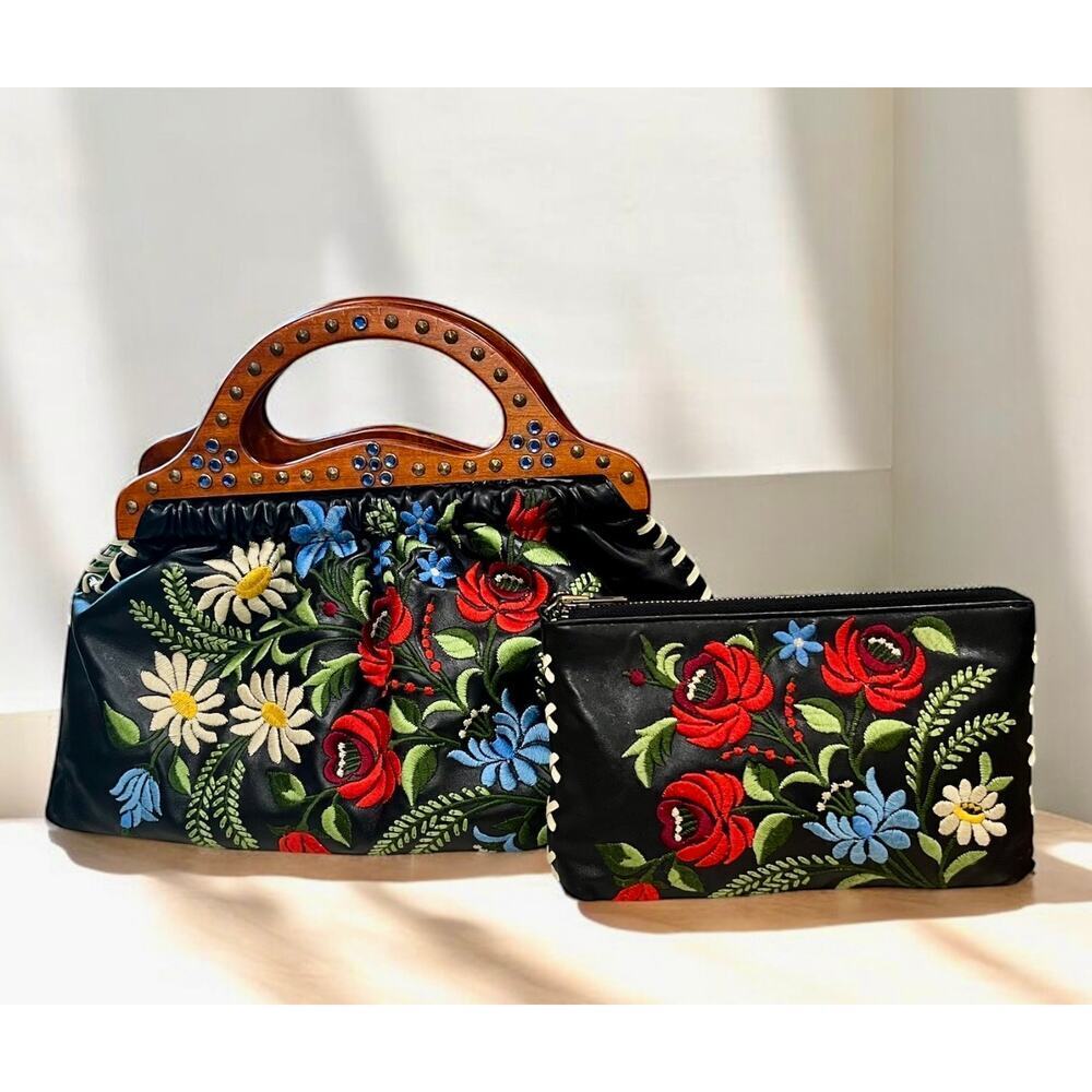 Y2K Isabella Fiore Embroidered Leather Clutch Bag & Large Wristlet